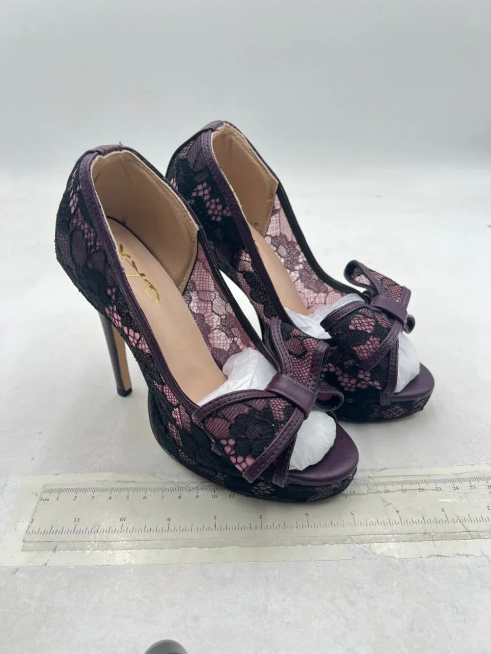 XYD Purple Lace Bows Peep Toe Pumps Platform Stilettos High Heel Slip On Shoes